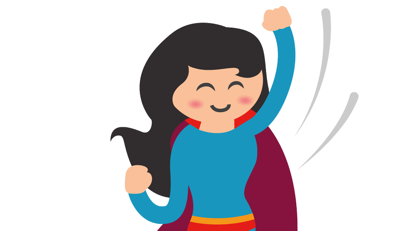 Eine Comic-Superheldin, deren rechtes Bein amputiert ist, trägt einen Umhang und streckt die Siegerfaust in die Luft-