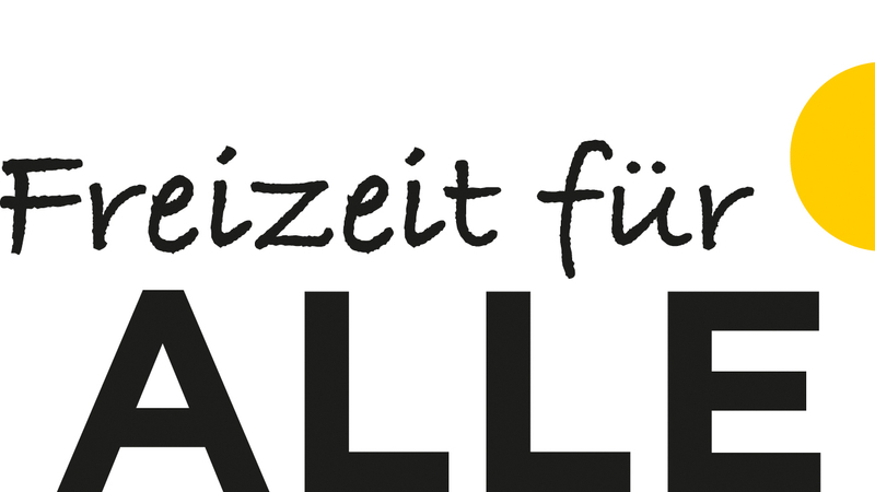 Grafik mit den Worten Freizeit für ALLE. In der rechten oberen Ecke sind unterschiedlich große Punkte in verschiedenen Farben zu sehen.
