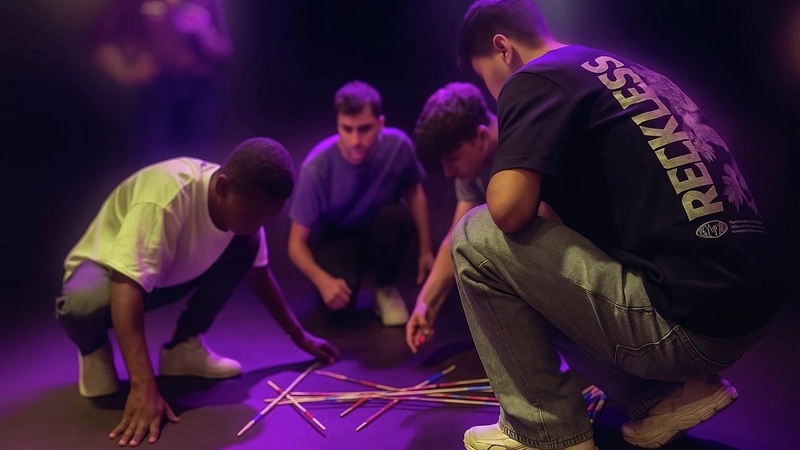 Vier junge Männer spielen im Dicolicht ein übergroßes Mikado-Spiel