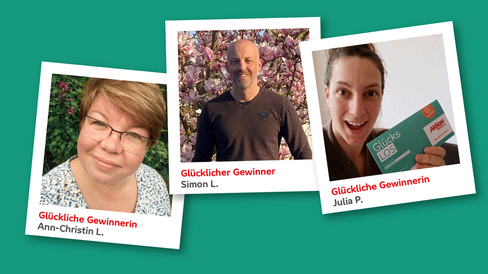 Collage dreier Gewinner-Selfies in Polaroid-Optik.