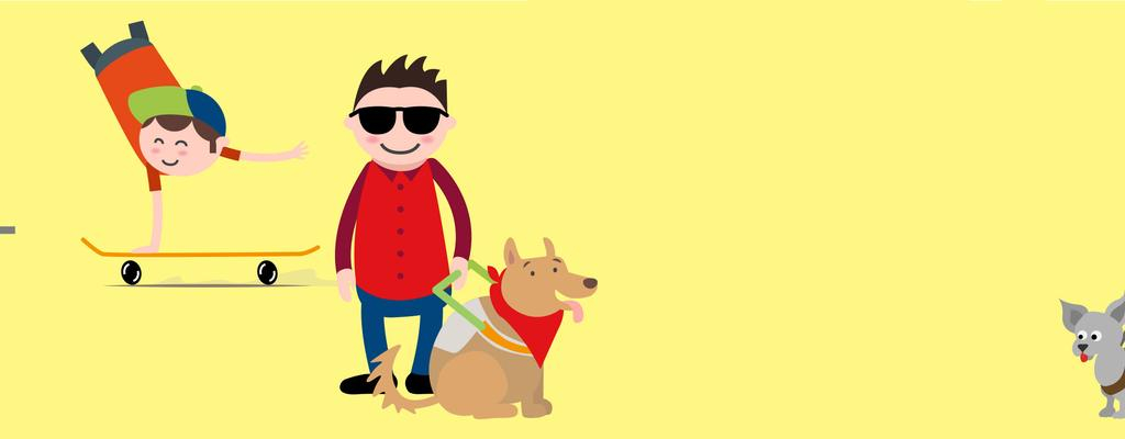 Verschiedene inklusive Emojis (ein Mann im Rollstuhl vorm Computer, ein Skateboardfahrer ohne Beine, ein Mann mit Blindenhund). Auf einem roten Kreis liest man den Text: Sag uns deine Meinung.