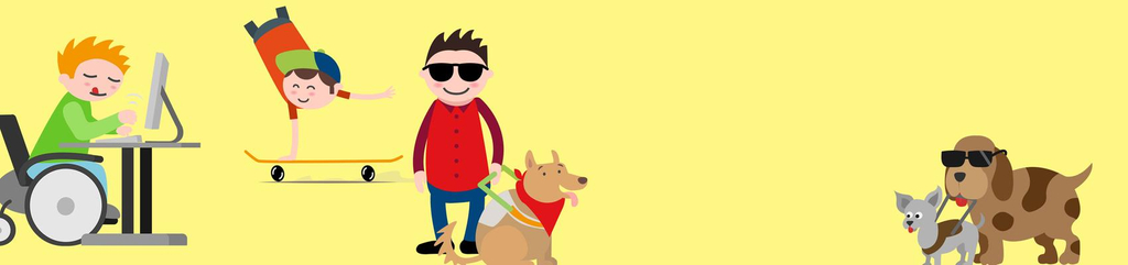 Verschiedene inklusive Emojis (ein Mann im Rollstuhl vorm Computer, ein Skateboardfahrer ohne Beine, ein Mann mit Blindenhund). Auf einem roten Kreis liest man den Text: Sag uns deine Meinung.