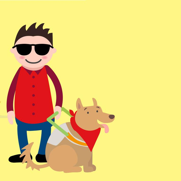 Verschiedene inklusive Emojis (ein Mann im Rollstuhl vorm Computer, ein Skateboardfahrer ohne Beine, ein Mann mit Blindenhund). Auf einem roten Kreis liest man den Text: Sag uns deine Meinung.