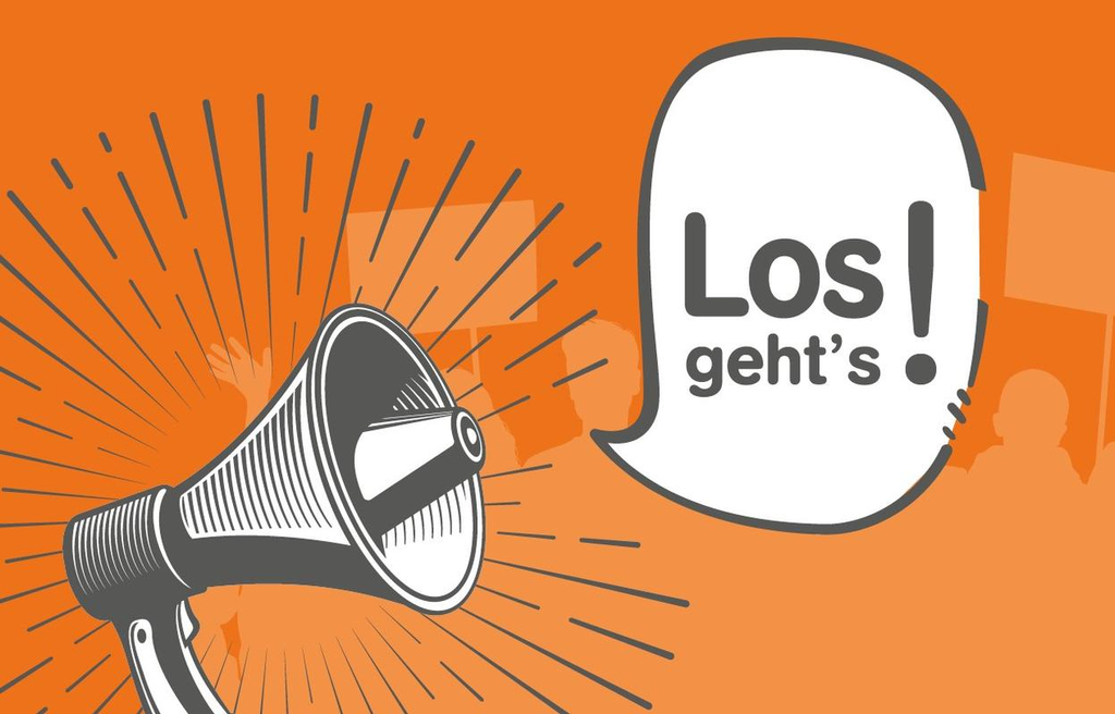 Megaphon mit einer Sprechblase "Los geht's!"