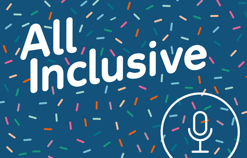 Auf blauem Hintergrund sind bunte Muster zu sehen. Darauf steht der Text "All inclusive" geschrieben.