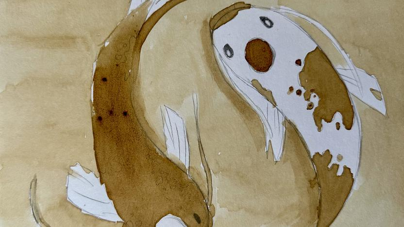 Zwei Koi-Karpfen schwimmen im Kreis, wie Yin und Yang in brauen Farbtönen.