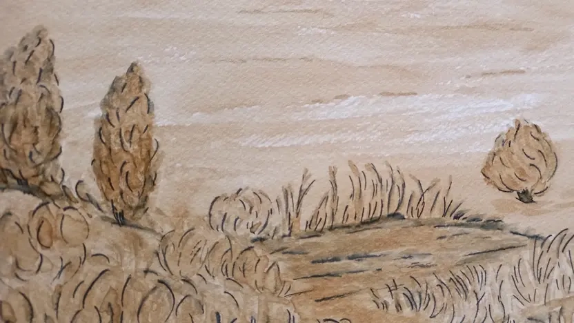 Eine Landschaft mit Bäumen und Graslandschaft in braunen und schwarzen Farbtönen.