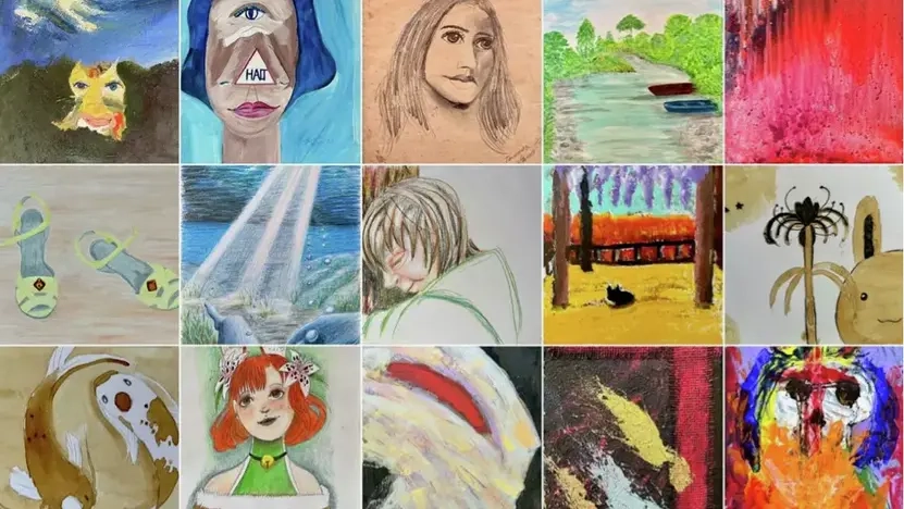 Eine Collage aus verschiedenen Bildern: zwei grüne Frauenschuhe, eine rote Farblandschaft, zwei Koi-Karpfen, mehrere Bilder mit verformten Gesichtern