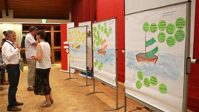 3 Pinnwände stehen an einer Seite im Raum, davor stehen drei Personen im Gespräch miteinander