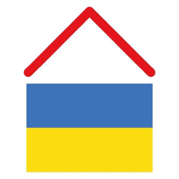 Über dem Bild einer ukrainischen Flagge sieht man eine rote Linie, die geformt ist wie ein Dach.