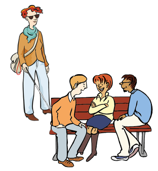 Illustration: drei junge Menschen sitzen auf einer Bank und unterhalten sich. Dahinter steht eine junge Frau, die blind ist.