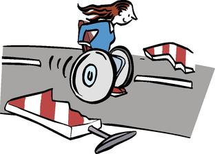 Illustration: Rollstuhlfaherin durchbricht eine rot-weiß gestreifte Barriere, die die Straße versperrt