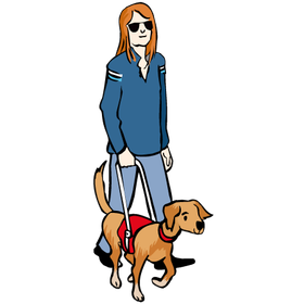 Illulstration: eine blinde Frau mit Blinden-Führhund