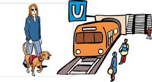 Illustration: eine blinde Person mit Blinden-Führhund, daneben eine U-Bahn an einer Haltestelle.