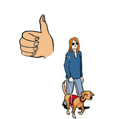 Illustration: eine Hand mit Daumen hoch, daneben eine blinde Person mit Blinden-Führhund