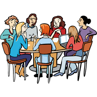 Illustration: Eine Gruppe junger Menschen sitz um einen Tisch herum.