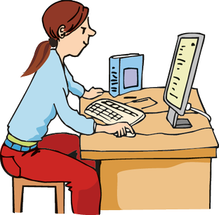 Illustration: eine junge Frau sitzt an einem Tisch vor einem Computer.