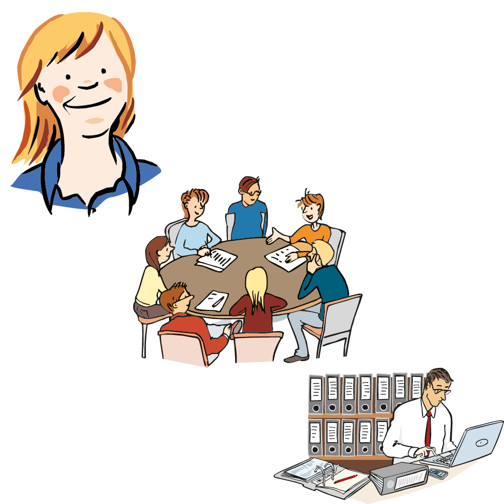 Ein Bild aus drei Illustrationen zusammengesetzt: oben links eine lächelnde Frau, in der Mitte mehrere Jugendliche um einen Tisch herum, unten rechts ein Mann im Büro vor einem Rechner.