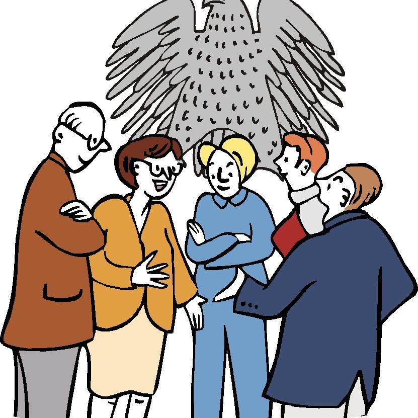 Frauen und Männer stehen vor dem Bundesadler