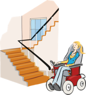 Illustration: eine Frau in einem elektrischen Rollstuhl steht vor einer Treppe.