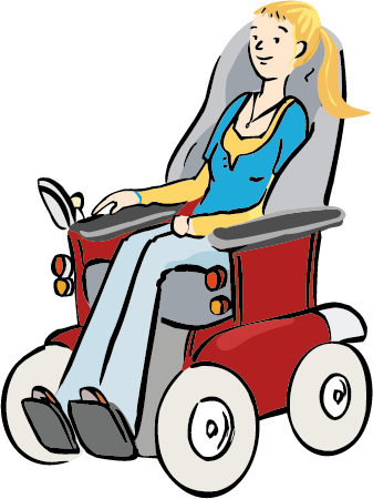 Illustration: eine junge Frau in einem Elektro-Rollstuhl.