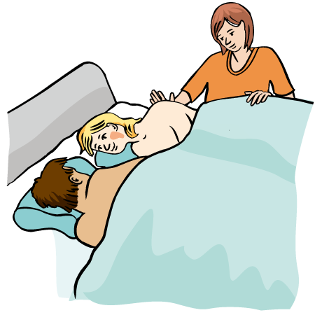 Illustration: eine Frau und ein Mann liegen nackt in einem Bett. Neben dem Bett steht eine weitere Frau, die die Frau im Bett sanft an der Schulter berührt.