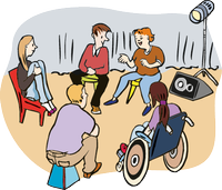 Menschen mit und ohne Behinderung sitzen im Kreis zusammen