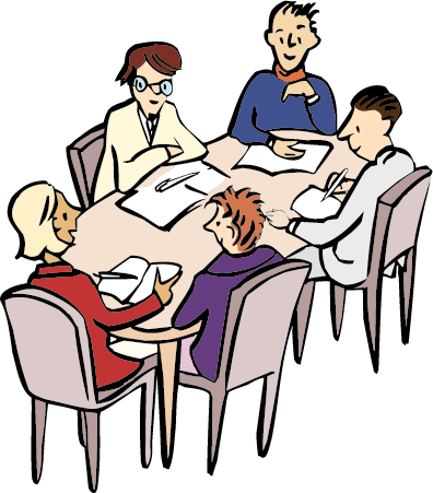 Illustration: Männer und Frauen sitzen am Tisch und arbeiten