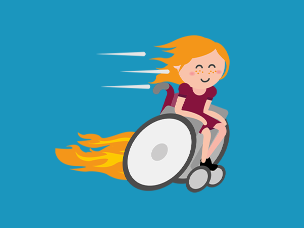 Eines der Inklumojis der Aktion Mensch vor einem hellblauen Hintergrund. Es zeigt eine blonde Person im Rollstuhl, die sich schnell vorwärts bewegt. Hinter dem Rollstuhl sind Flammen wie von einem Raketenantrieb zu sehen.