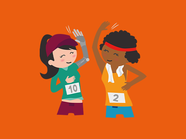 Eines der Inklumojis der Aktion Mensch vor einem orangenen Hintergrund. Es zeigt zwei Sportlerinnen, die miteinander einschlagen. Eine der beiden hat eine Armprothese.