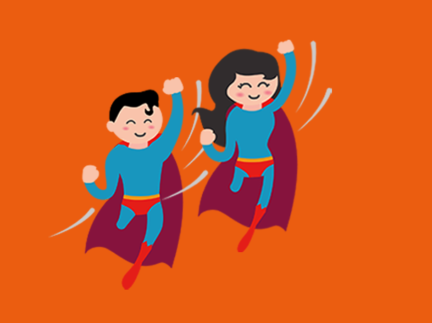 Eines der Inklumojis der Aktion Mensch vor einem orangenen Hintergrund. Es zeigt zwei Superheld*innen die fröhlich und mit in die Höhe gereckter Siegesfaust durch die Luft fliegen.