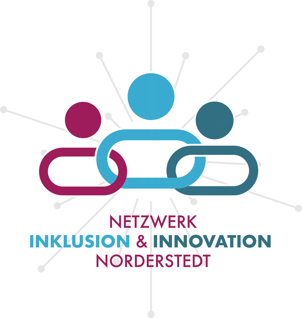 Drei stilisierte untergehakte Personen über dem Motto Inklusion & Innovation
