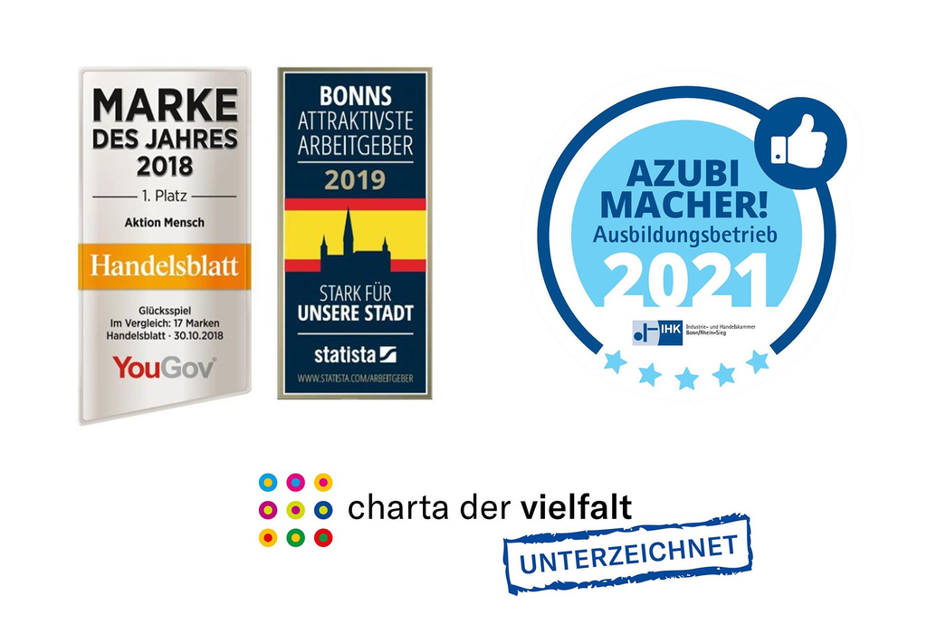 Abbildungen der Auszeichnungen der Aktion Mensch als Bonns attraktivster Arbeitgeber 2019, Marke des Jahres 2018 sowie das IHK-Siegel für den Ausbildungsbetrieb 2021 und das Logo der Charta der Vielfalt.