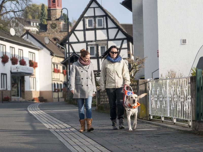 Zwei Frauen, eine mit Blindenhund, laufen eine Straße entlang