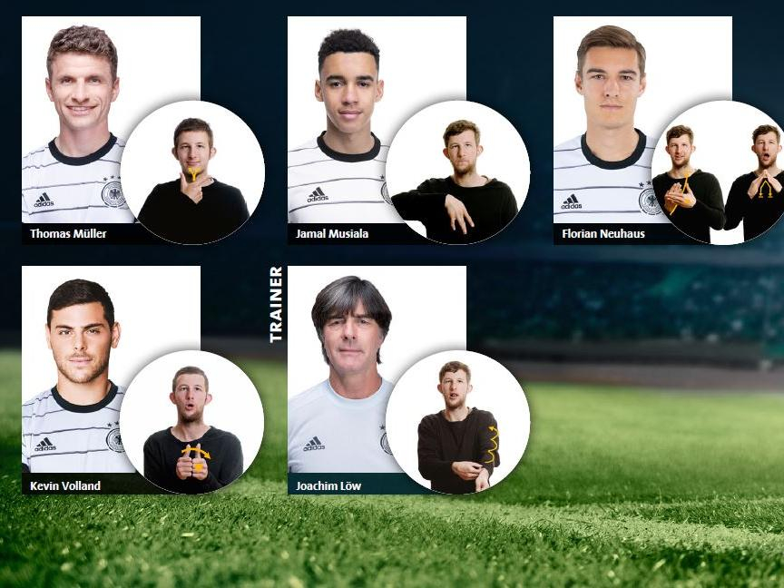 Porträts einiger Nationalspieler. Daneben eine Abbildung der Gebärden für ihre Namen.