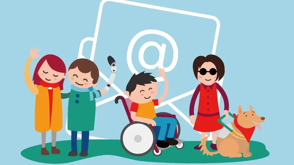 Illustration einer bunt angezogenen vierköpfigen Personengruppe, die für Vielfalt steht, unter ihnen eine männliche Figur mit Armprothese, eine im Rollstuhl und eine Frau mit Blindenhund. Auf dem blauen Hintergrund ist ein E-Mail-Symbol zu sehen.
