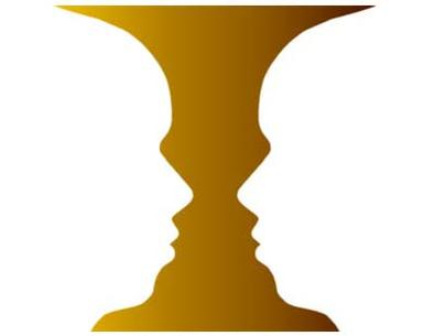 Grafik einer Vase, je nach Fokus aber auch zweier sich gegenüberliegender Gesichter.
