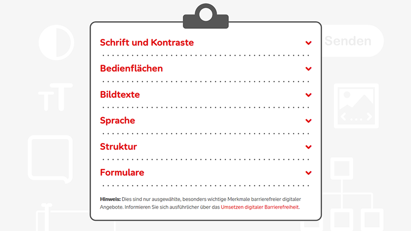 Zeichnung: Klemmbrett, darauf u.a. die Worte "Schrift und Kontraste", "Bedienflächen", "Sprache"