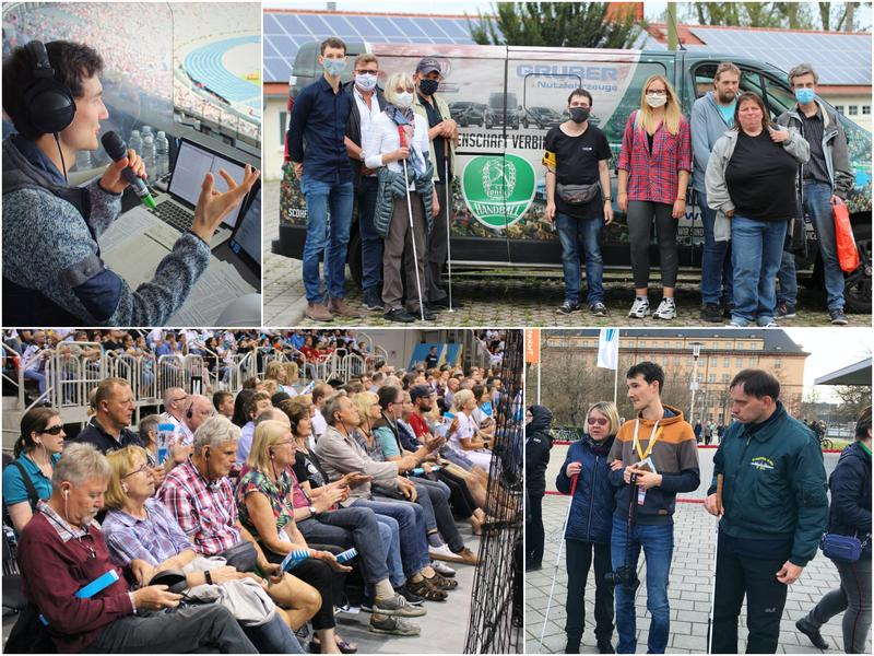Collage von vier Bildern: Junger Mann bei Audiodeskription, zwei Bilder von Fans mit Behinderung, vor einem Van und auf einem Platz, sowie Zuschauer bei einem Sportevent, teils mit Kopfhörer