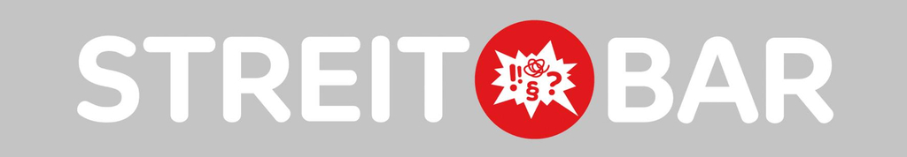 Schriftzug STREITBAR mit rotem Logo, das Fragezeichen, Rufzeichen und Paragraphenzeichen enthält