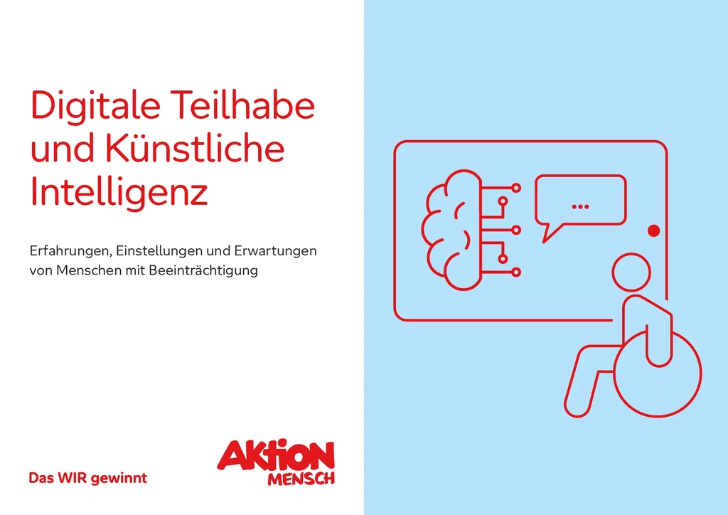 Titelbild der Studie "Digitale Teilhabe und Künstliche Intelligenz". Neben dem Titel ist eine Illustration eines Rollstuhlfahrers zu sehen, neben dem eine Sprechblase und ein Datennetzwerk abgebildet sind.