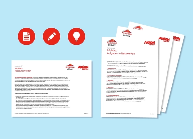 Teaserbild einiger Arbeitsblätter: Infoblatt Ressourcen finden und Infoblatt Aufgaben in Netzwerken