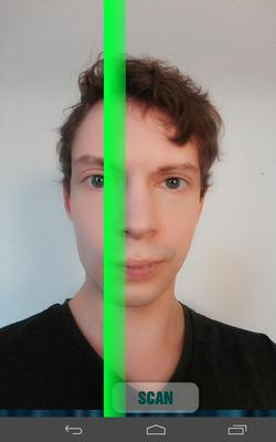 Ein gesicht in einer mobilen App, ein Strich in der Mitte markiert einen Scanner, der über das Gesicht fährt