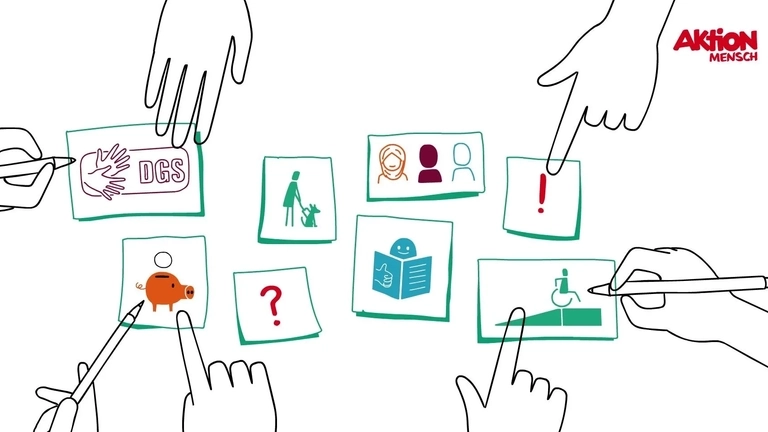 Zeichnung, auf der Hände auf Symbole für Gebärdensprache, Leichte Sprache, Rampen für Rollifaher*innen zeigen